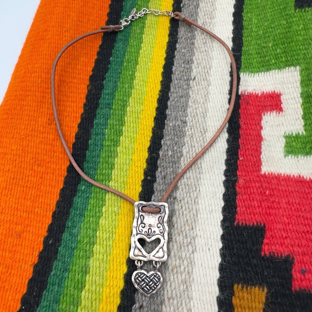 Barse 925 Sterling Silver Weave Heart Scroll Pendant Necklace Leather Signed